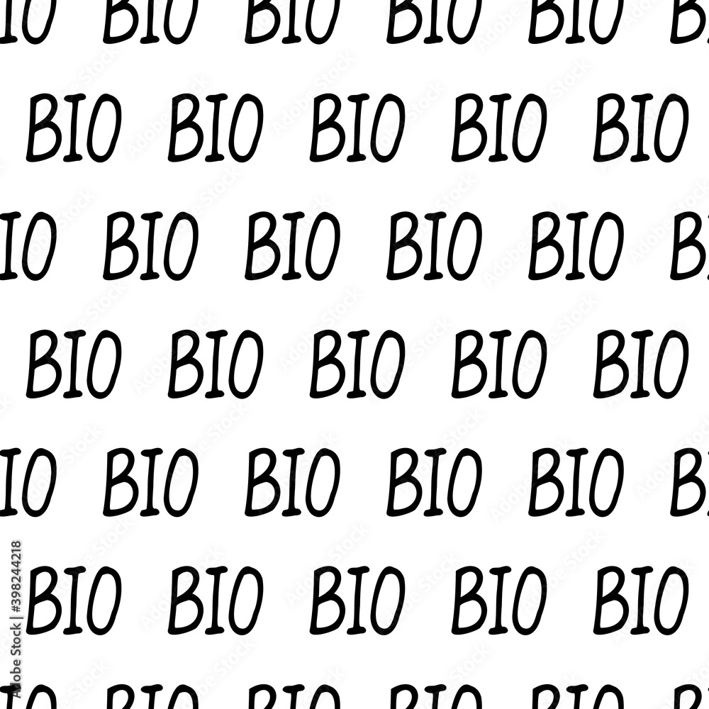 Seamless pattern from the word bio. Black text on a white background. Isolated image. The concept of an eco-friendly lifestyle. You can use it for website design, clothing, and packaging. Stock Seamless pattern from the word bio. Black text on a white background. Isolated image. The concept of an eco-friendly lifestyle. You can use it for website design, clothing, and packaging. Stock