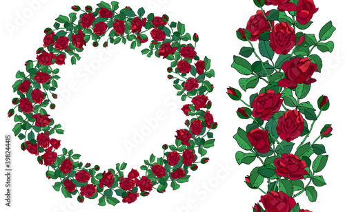 Round template and seamless border with red roses and leaves isolated on white background.