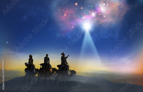 Canvas Print Christian Christmas scene with the three wise men and shining star, 3d render