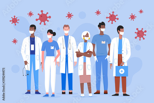Doctor people medic team in medical masks vector illustration. Cartoon support medical staffs with man woman characters, frontline medicine professional hospital workers standing together background