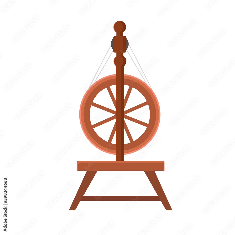 Traditional old wooden cartoon distaff, spindle, spinning wheel
