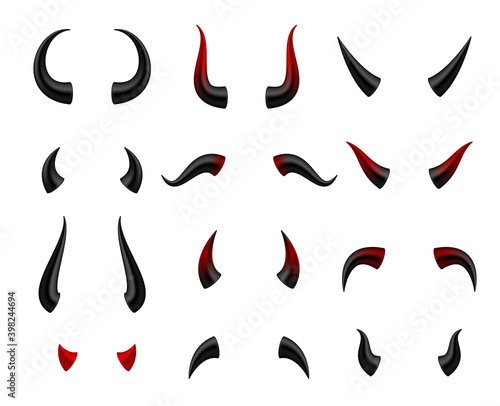 Horns of devil, bull, cow, buffalo realistic set. Costume accessories for celebration of Halloween.