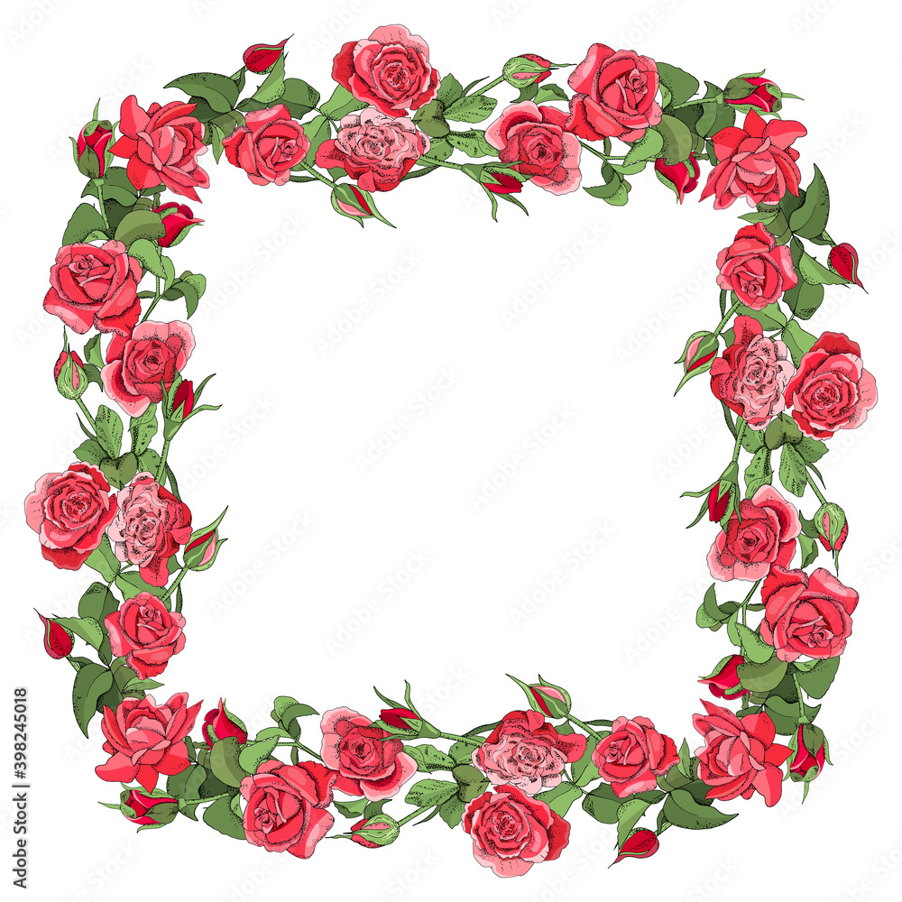 Template with roses and leaves isolated on white background. Template with roses and leaves isolated on white background.