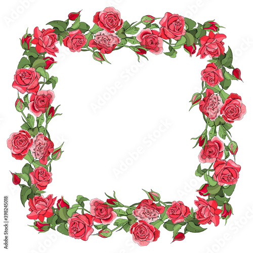 Template with roses and leaves isolated on white background.
