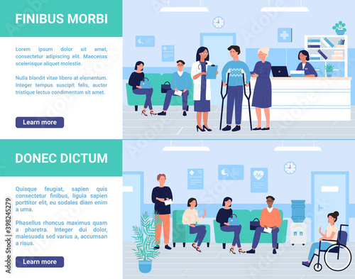 Patients people wait doctor examination in hospital or medical center vector illustration set. Cartoon man woman waiting, disabled characters sitting in wheelchair or holding crutches in medics clinic