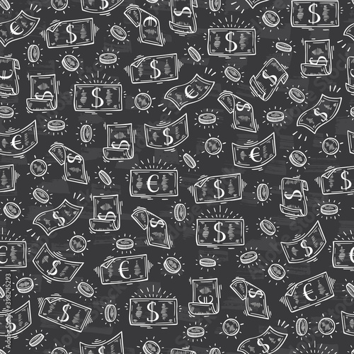 Money rain Vector Seamless pattern. Hand Drawn doodle Dollar and Euro Banknotes and Coins
