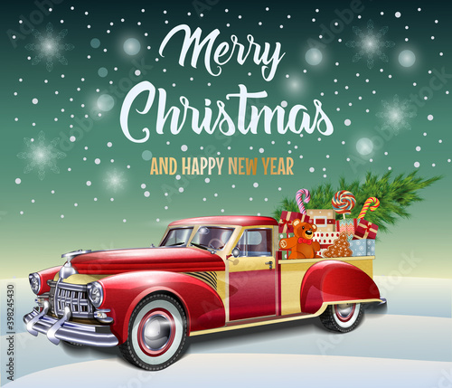 Christmas  poster with Christmas gift boxes and  tree in retro red truck.
