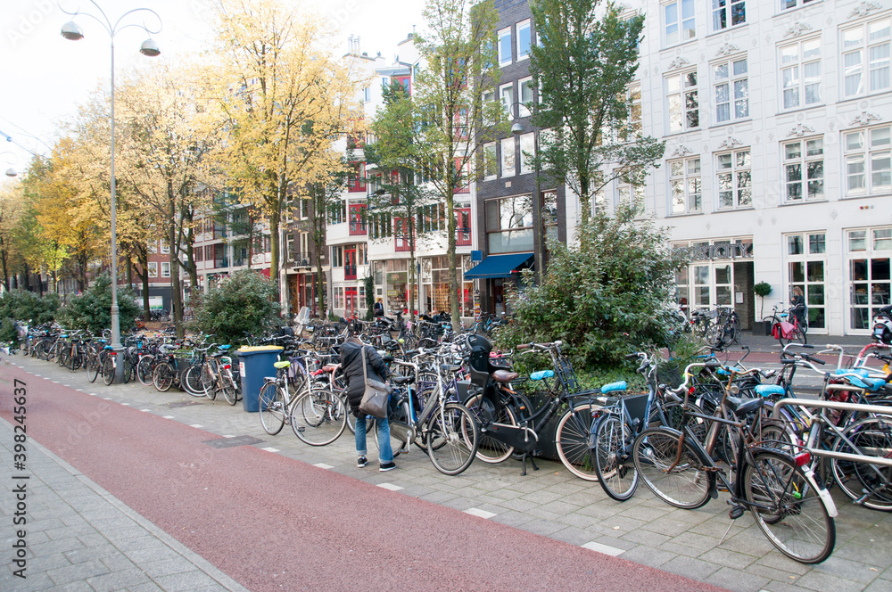 City landscape. Large bicycle parking. Bicycles along the road.