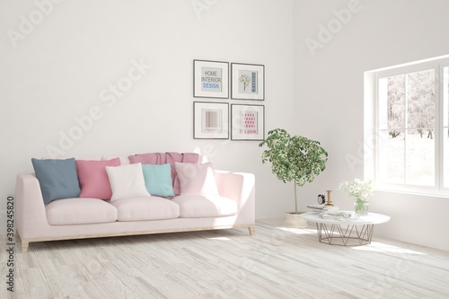 White living room with sofa. Scandinavian interior design. 3D illustration