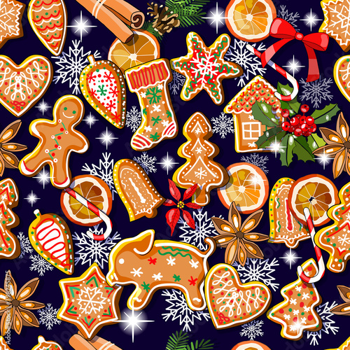 Endless texture with traditional Christmas symbols. Seamless vector pattern for your festive design, fabrics, wallpapers, greeting cards, wrappings.
