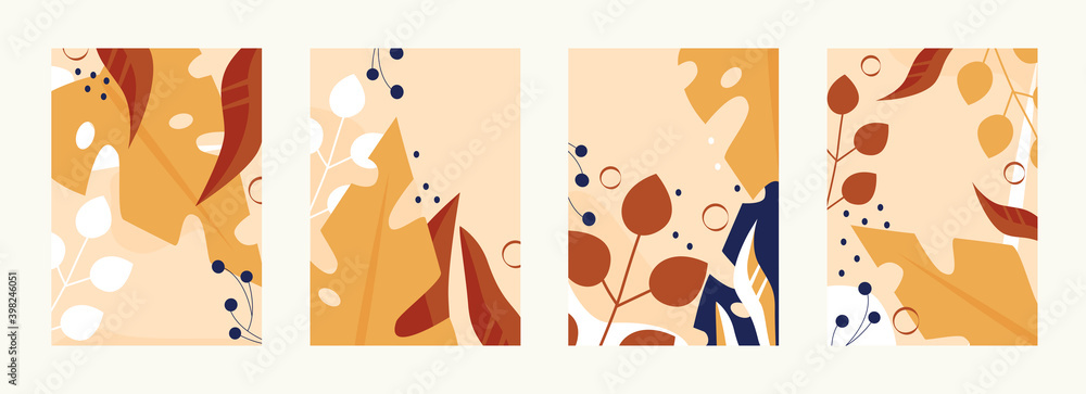 Autumn leaves pattern in warm light colors vector illustration set. Abstract floral simple design with red orange autumnal foliage and dots, fall season nature leaf texture background collection