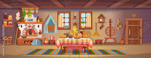 The interior of an old Russian hut with old baby cradle, russian stove, spindle, samovar, dry herbs,balalaika, matryoshka, bast shoes, jam, wooden bucket, windows, door.Old kitchen interior.Сartoon