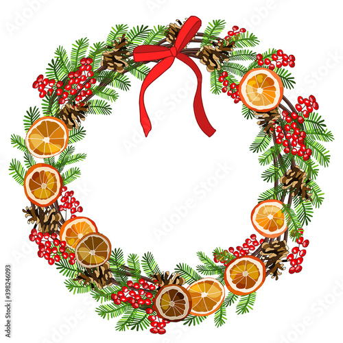 Vector wreath with traditional symbols of new year and Christmas isolated on white. For festive decoration, announcements, cards, invitations, posters.