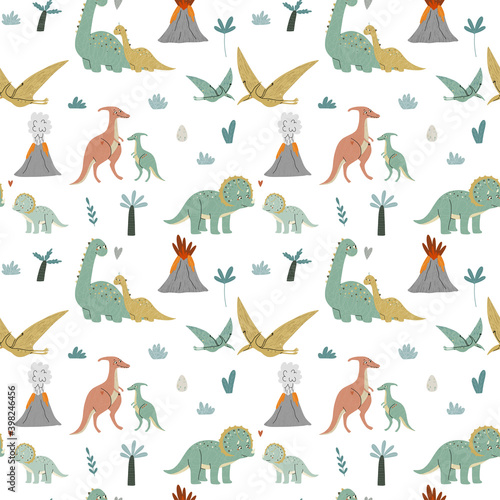 Seamless pattern cute dinosaurs, mom and baby. Prehistoric era. Children's illustration.