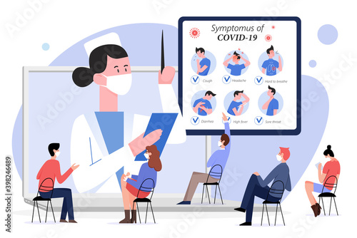 Online medical lecture about covid19 vector illustration. Cartoon lecturer character teaching students from laptop screen, talking about coronavirus symptoms on medicine webinar isolated on white