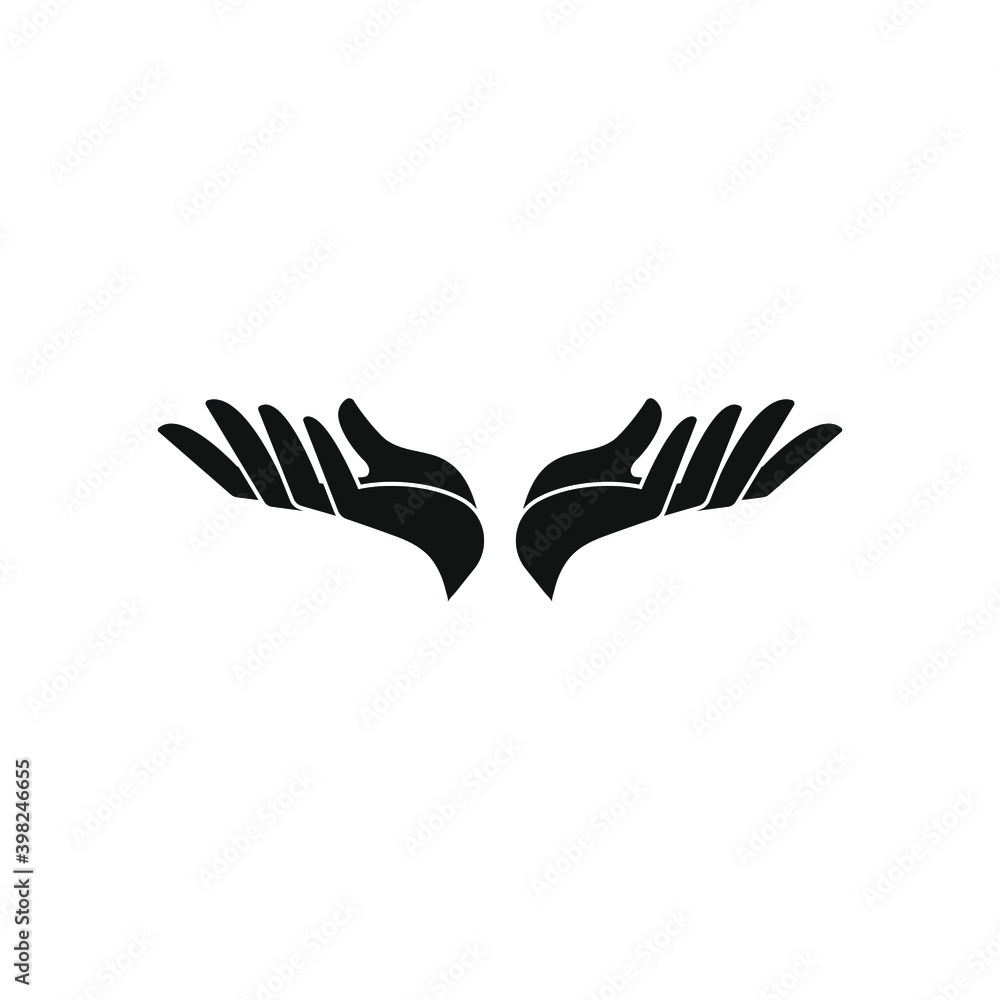 Hands logo, palms up, fingers open. Vector illustration, flat minimal design, black silhouette isolated on white background, eps 10. Hands logo, palms up, fingers open. Vector illustration, flat minimal design, black silhouette isolated on white background, eps 10.