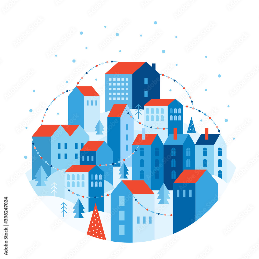 Winter urban landscape in geometric style. Festive snow city is decorated with colorful garlands. Houses on hill among trees and snowdrifts. New year and Christmas landscape. Vector flat illustration.