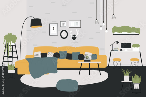 Scandinavian interior design for home apartment vector illustration. Cartoon living room with couch sofa and cozy blanket, green potted houseplants, paintings on brick wall and lamps background