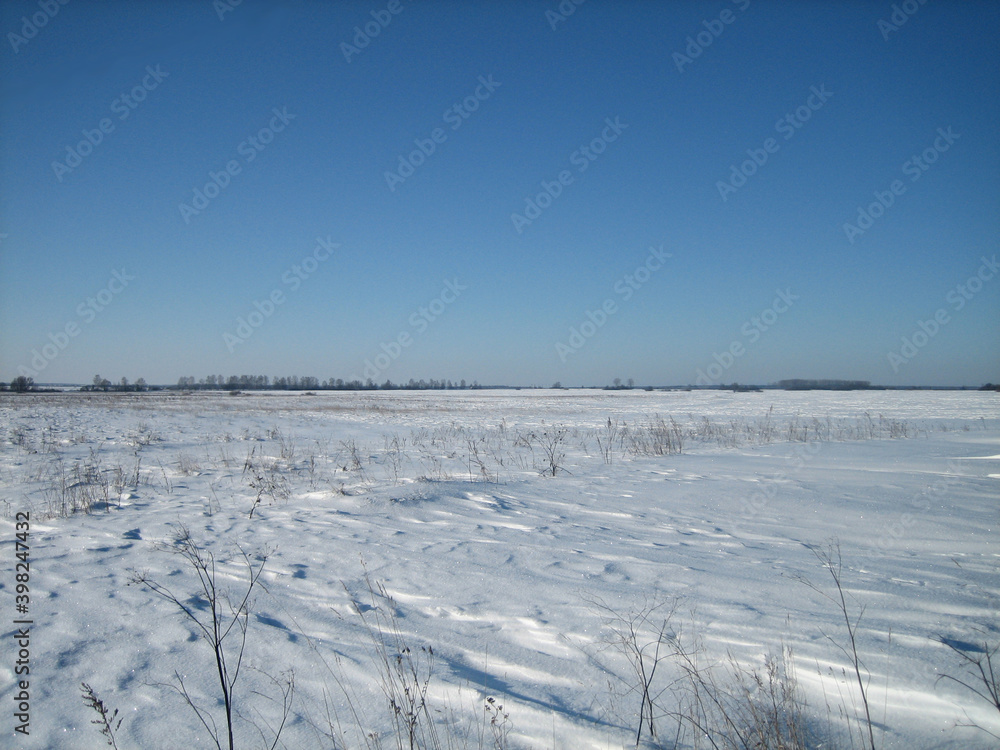 Clear snow field on a clear frosty day. Only in the distance, on a flat horizon, is the forest visible. Clear snow field on a clear frosty day. Only in the distance, on a flat horizon, is the forest visible.