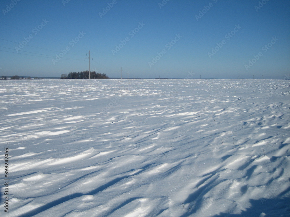 Clear snow field on a clear frosty day. Only in the distance, on a flat horizon, is the forest visible.