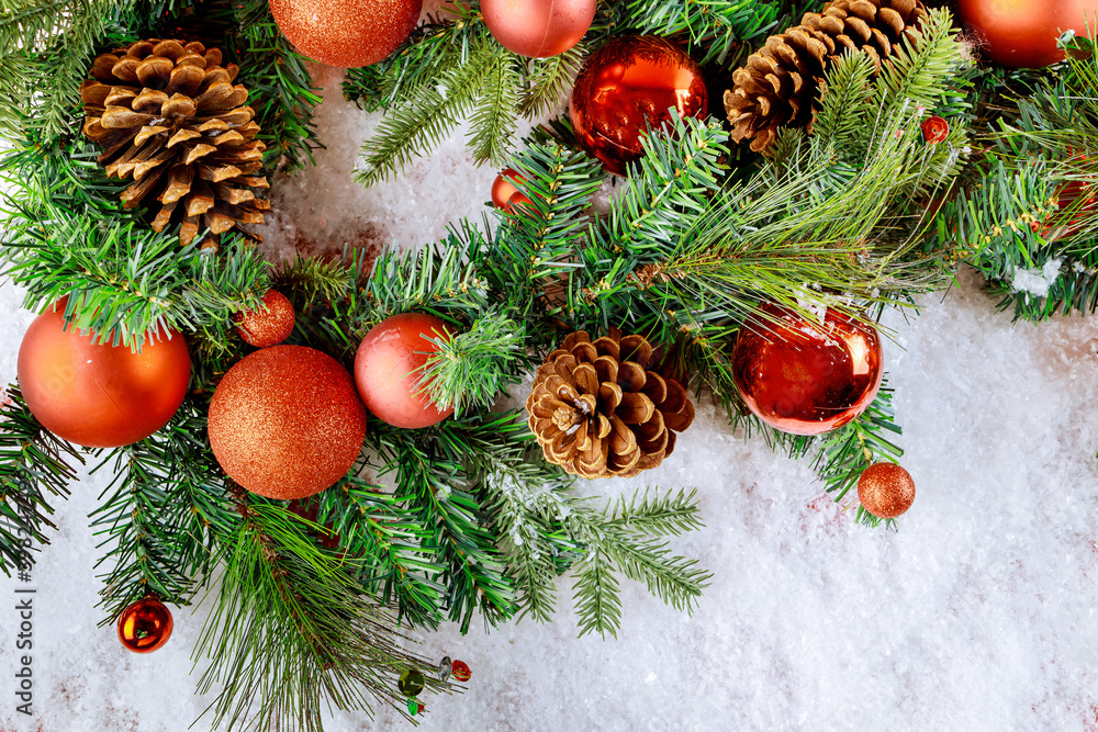 New Year Christmas snow in branch with pine cone, snowflakes decoration ball New Year Christmas snow in branch with pine cone, snowflakes decoration ball