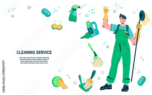 Cleaning service website banner design in doodle style, cartoon vector illustration. Cleaning company advertising web page or flyer template with cleaning and household tools.