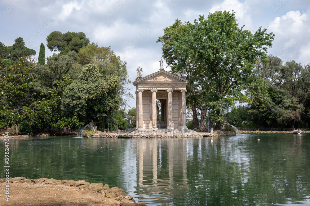 Panoramic view of Temple of Asclepius (Tempio di Esculapio) and lake