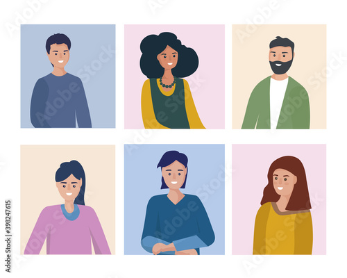 Portraits of people. Men and women of different nationalities in everyday life. vector flat illustration.