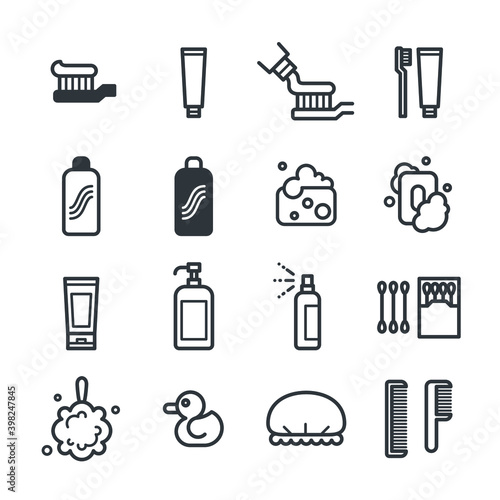 Toiletries vector icon set. Signage for things in the toilet in flat thin linear line style. Included toothbrush, toothpaste, shampoo and conditioner bottle, sponge, soap, spray, foam and cotton buds.