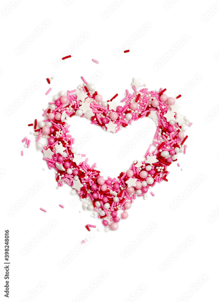 Sugar sprinkle in the form of a heart, decoration for cake and bakery, as a background, isolated