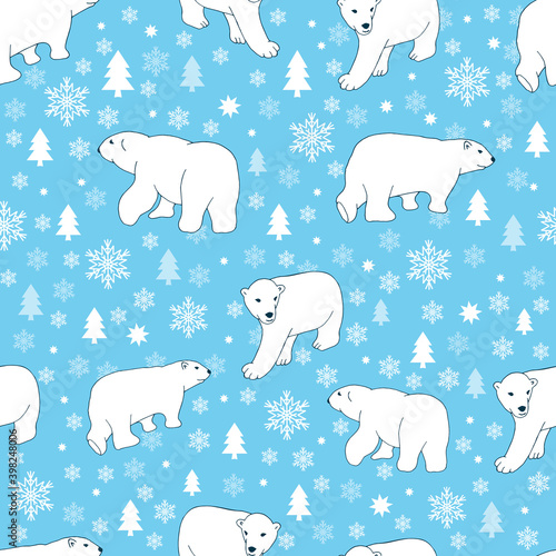 Seamless pattern with polar bears, stars and snowflakes on the blue background. Vector illustration.