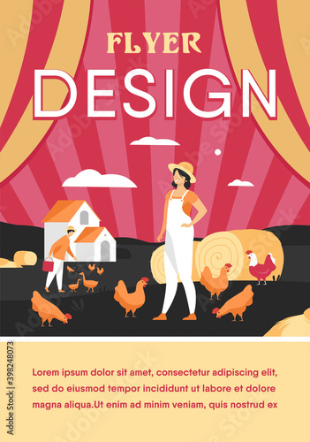 Farmers working on chicken farm isolated flat vector illustration. Cartoon woman and man breeding poultry. Agriculture and domestic birds production concept