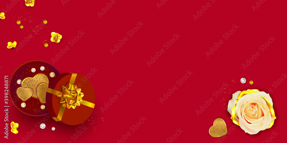 Valentine's Day banner. Red Background, poster, greeting card with realistic gift box and rose flower. Valentine's Day banner. Red Background, poster, greeting card with realistic gift box and rose flower.