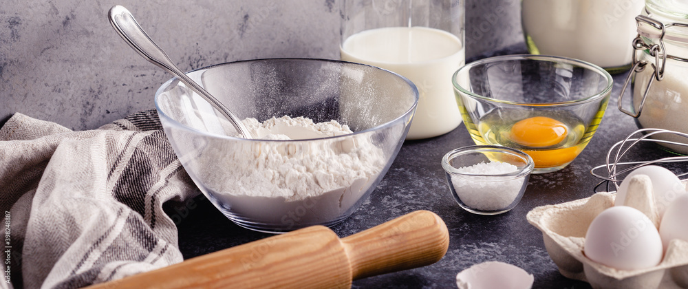 Cooking ingredients for dough, eggs, flour, sugar, milk. Cooking ingredients for dough, eggs, flour, sugar, milk.