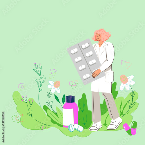 Doctor or specialist of herbal alternative medicine among plants and herbs, cartoon vector illustration. Natural health care treatment and medications, herbal homeopathic pharmacy banner template.