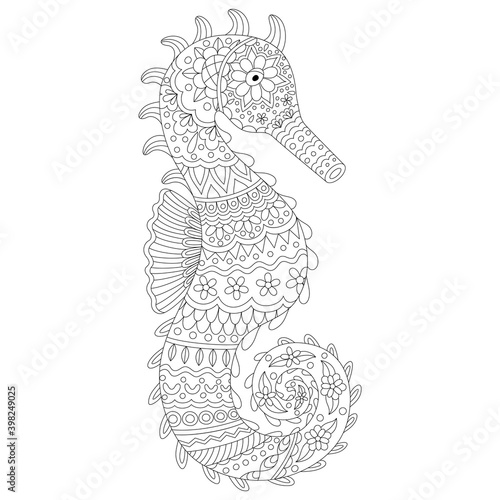 Ornate stylized seahorse for adult coloring book. Design element isolated on white background. Cartoon hippocampus with floral texture for antistress coloring page. Vector in zentangle style.