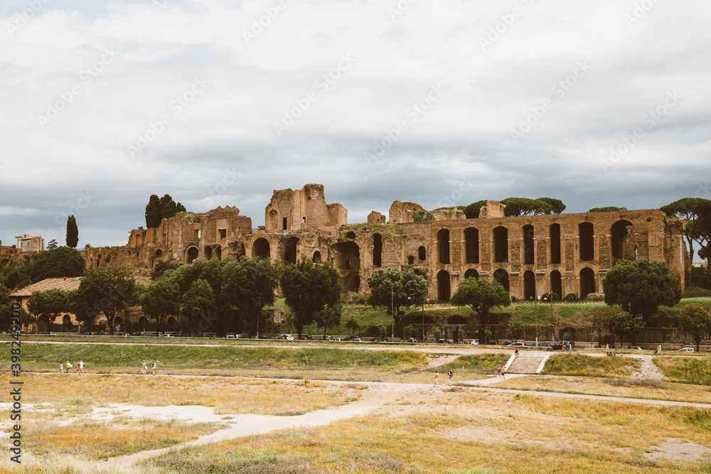 Panoramic view of temple of Apollo Palatinus and Circus Maximus in Rome