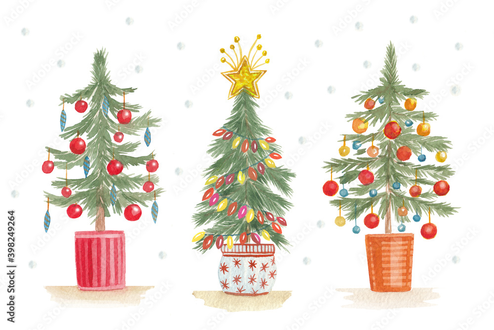 Hand drawn watercolor set of christmas trees. Happy New year card. Christmas decore. Pine in pot. Hand drawn watercolor set of christmas trees. Happy New year card. Christmas decore. Pine in pot.