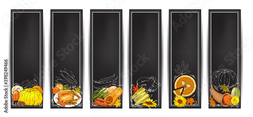 Vector chalk Thanksgiving horizontal banners set with turkey, pumpkin pie, cornucopia, colorful pumpkins, other vegetables, fruits, berries, White outline and leaves.