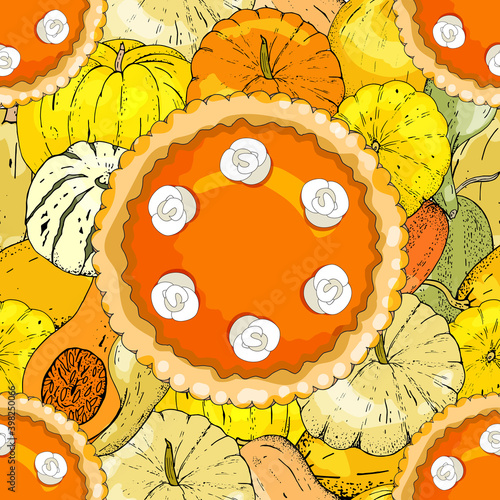 Endless texture with pumpkin pie. The theme of autumn, harvest and thanksgiving.ings.