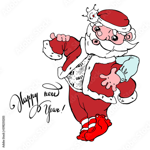 Holiday of Happy New Year. Beautiful summering. The inscription and grandfather-frost  Santa Claus. Graphical isolated drawing  handmade. Isolated raster image. On a white background.
