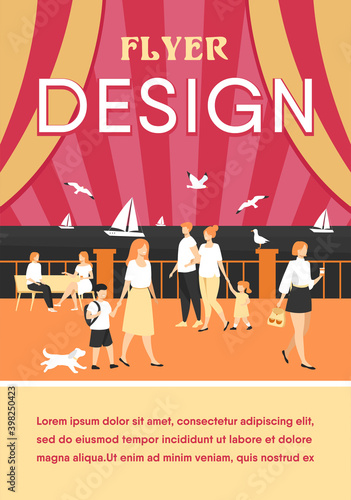 People walking on seaside quay. Tourist characters an cute couple with kids admiring boats in sea and seagulls. Flat illustration for seaside, summer vacation at ocean concept