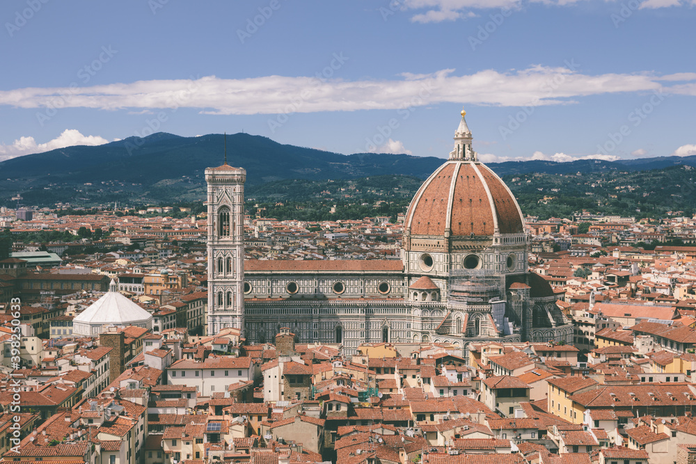 Aerial panoramic view of Florence city and Cattedrale di Santa Maria del Fiore