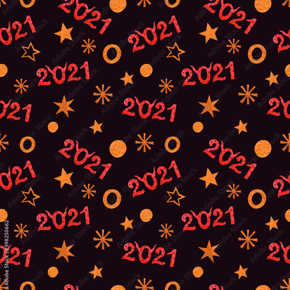 Watercolor seamless pattern. Happy holiday. Hand draw lettering. Symbol year 2021. Red lettering 2021and gold elements on a dark background. Watercolor seamless pattern. Happy holiday. Hand draw lettering. Symbol year 2021. Red lettering 2021and gold elements on a dark background.