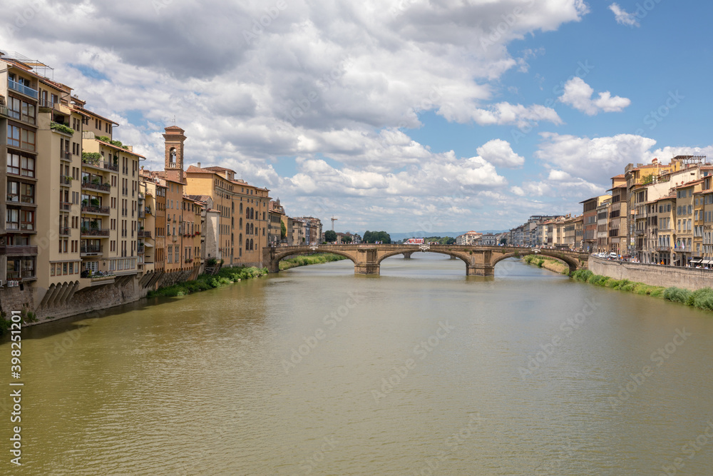 Panoramic view of Florence city and river Arno with bridge in Italy