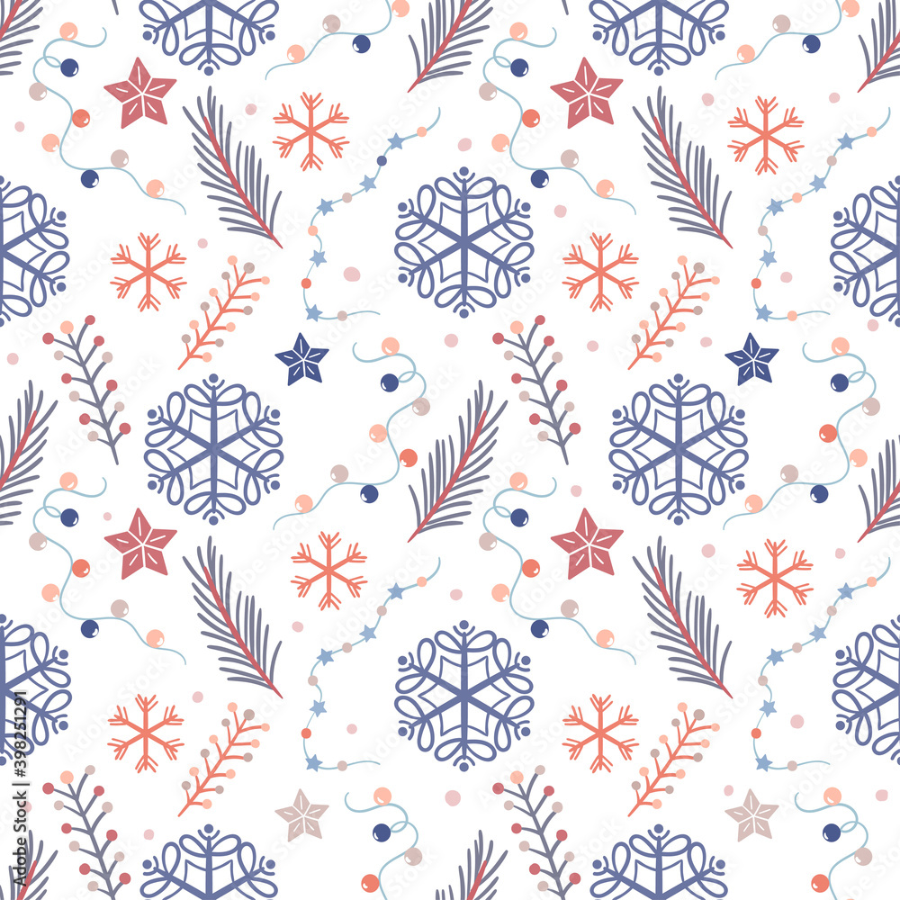 Winter seamless pattern with snowflakes and branches, seasonal design
