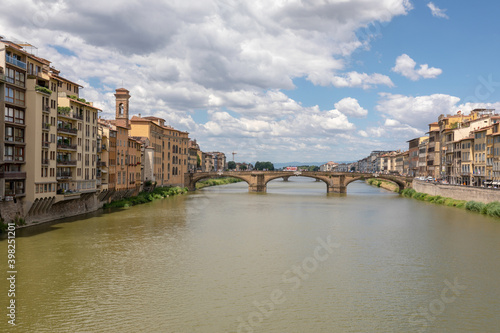 Panoramic view of Florence city and river Arno with bridge in Italy