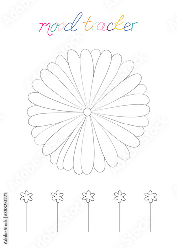 Vector illustration for printable with petals of flower on white background. Minimalist planner of mood tracker for bullet journal page  daily planner template  blank for notebook. A4 paper sheet.