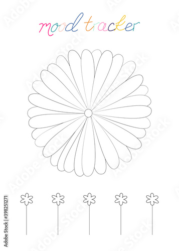 Vector illustration for printable with petals of flower on white background. Minimalist planner of mood tracker for bullet journal page, daily planner template, blank for notebook. A4 paper sheet.