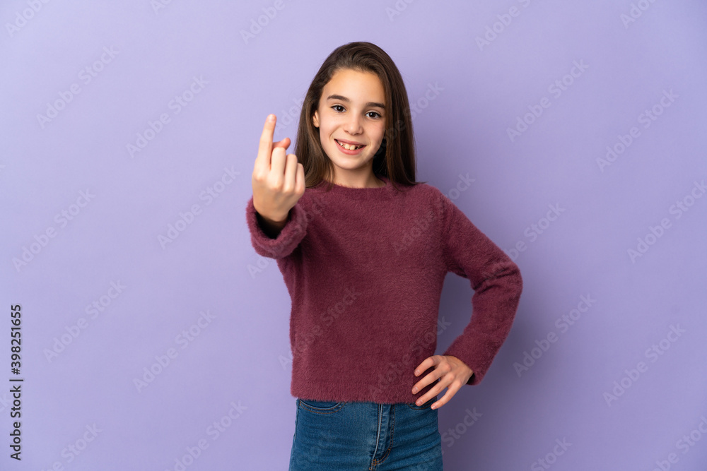 Little girl isolated on purple background doing coming gesture Little girl isolated on purple background doing coming gesture